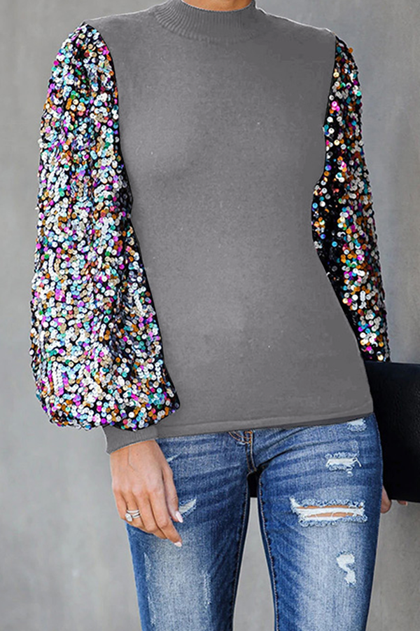 Tops casuales de moda con cuello alto y lentejuelas de patchwork (6 colores)