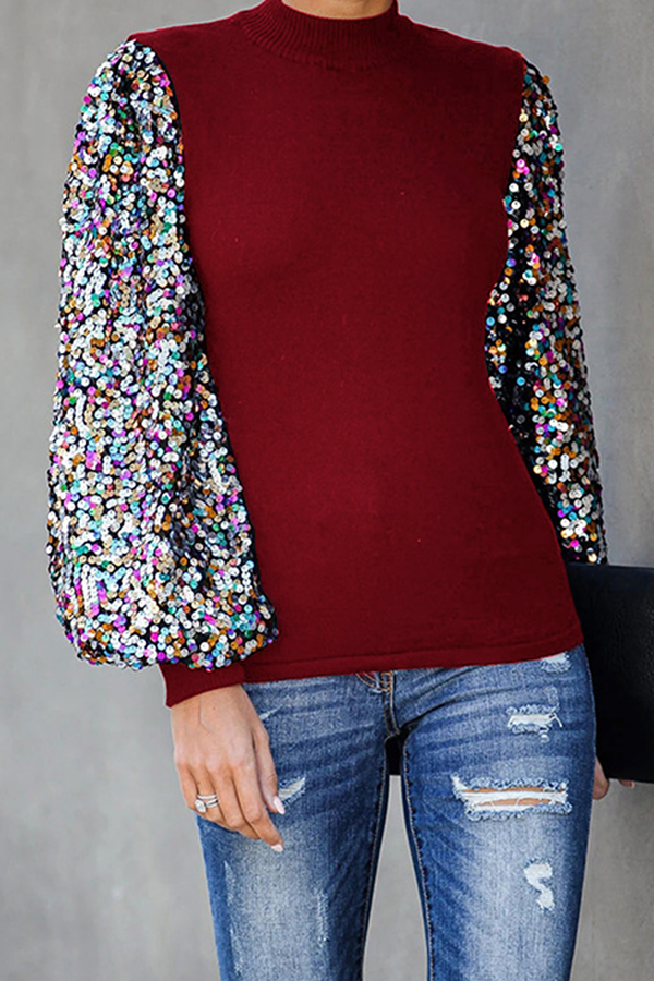 Tops casuales de moda con cuello alto y lentejuelas de patchwork (6 colores)
