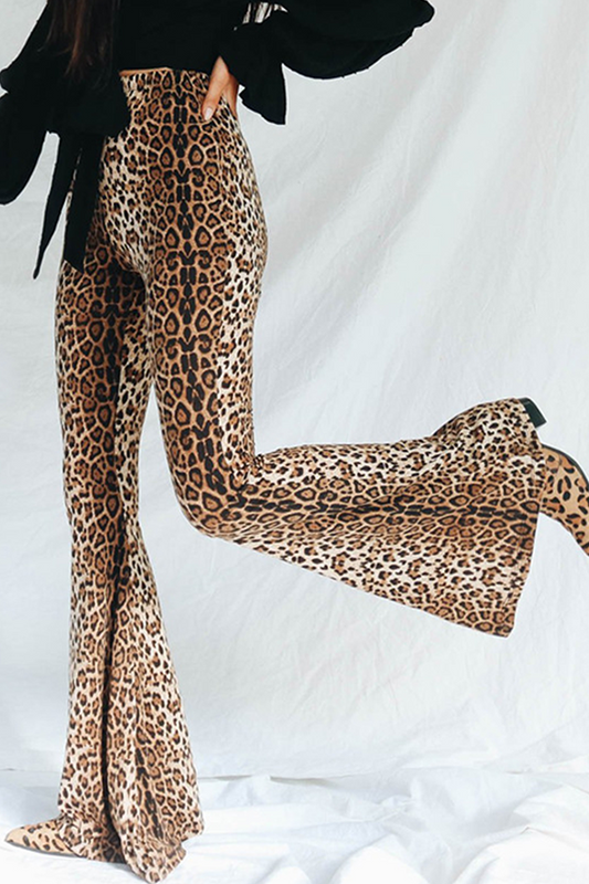 Pantalones de moda callejera con estampado animal, leopardo, patchwork, corte de bota básico, cintura alta, estampado completo
