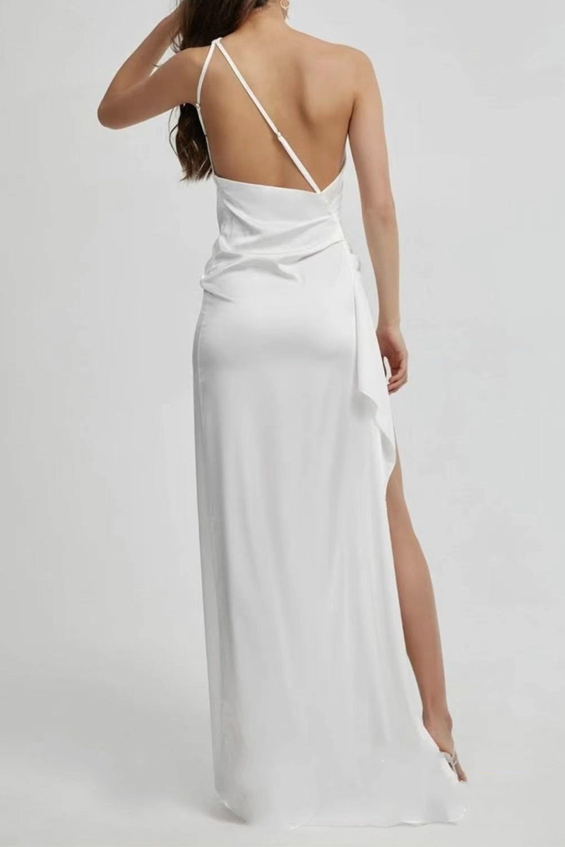 Vestido de noche elegante de moda con cuello oblicuo y abertura con parches sólidos