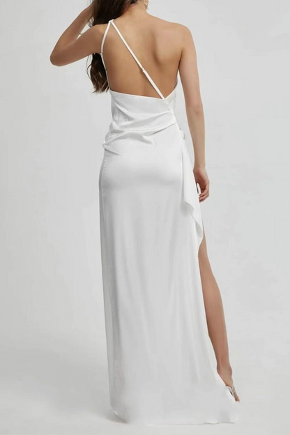 Vestido de noche elegante de moda con cuello oblicuo y abertura con parches sólidos