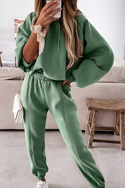 Conjunto deportivo de dos piezas con capucha, cuello alto, manga larga y parches sólidos (5 colores)