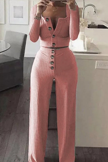 Casual Solid Split Joint O Neck Long Sleeve Two Pieces(5 Colors)