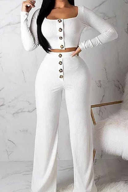 Casual Solid Split Joint O Neck Long Sleeve Two Pieces(5 Colors)