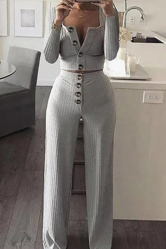 Conjunto informal de dos piezas con cuello redondo, manga larga y abertura en el pecho (5 colores)