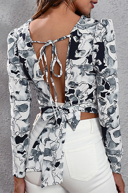 Tops elegantes de moda con cuello redondo, espalda descubierta y estampado de frenillo