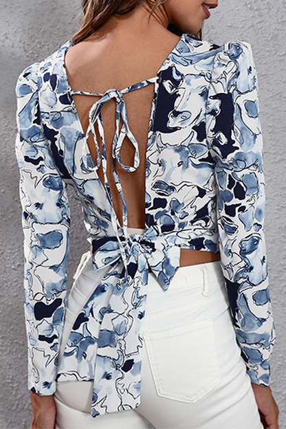 Tops elegantes de moda con cuello redondo, espalda descubierta y estampado de frenillo