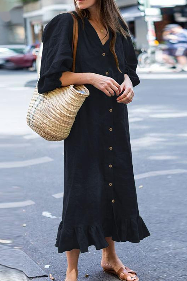 Vestido informal de corte A con cuello de orillo, volantes y hebilla sólida (4 colores)