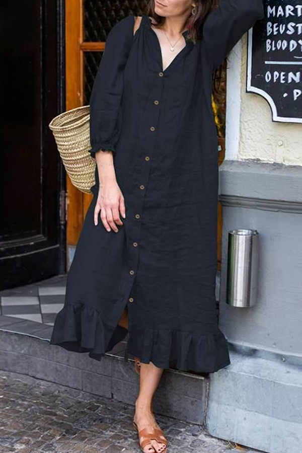 Vestido informal de corte A con cuello de orillo, volantes y hebilla sólida (4 colores)