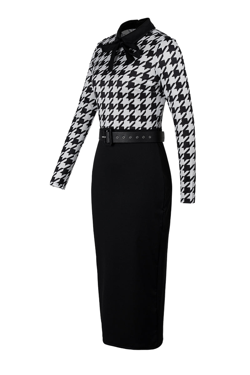 Vestidos casuales de moda con estampado de patchwork y cinturón, cuello vuelto, manga larga (7 colores)