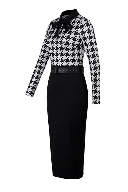Vestidos casuales de moda con estampado de patchwork y cinturón, cuello vuelto, manga larga (7 colores)