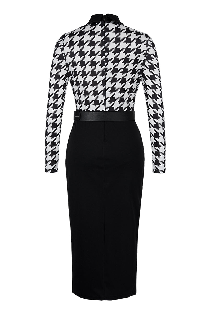 Vestidos casuales de moda con estampado de patchwork y cinturón, cuello vuelto, manga larga (7 colores)
