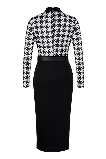 Vestidos casuales de moda con estampado de patchwork y cinturón, cuello vuelto, manga larga (7 colores)