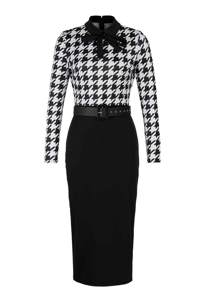 Vestidos casuales de moda con estampado de patchwork y cinturón, cuello vuelto, manga larga (7 colores)