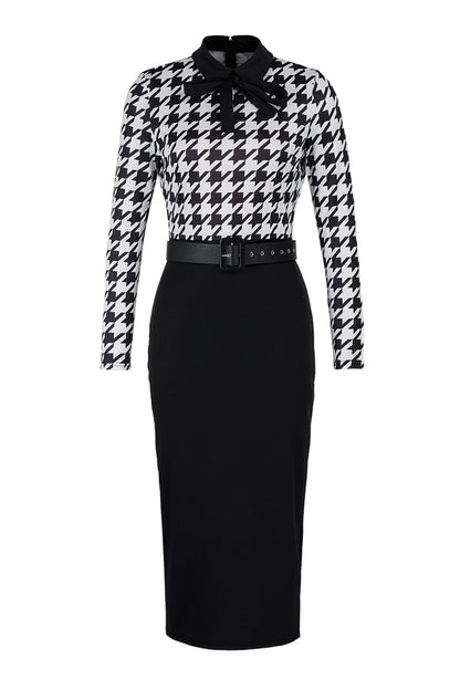 Vestidos casuales de moda con estampado de patchwork y cinturón, cuello vuelto, manga larga (7 colores)