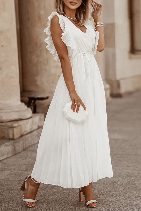 Elegante vestido plisado con escote en V y tirantes con volantes (6 colores)