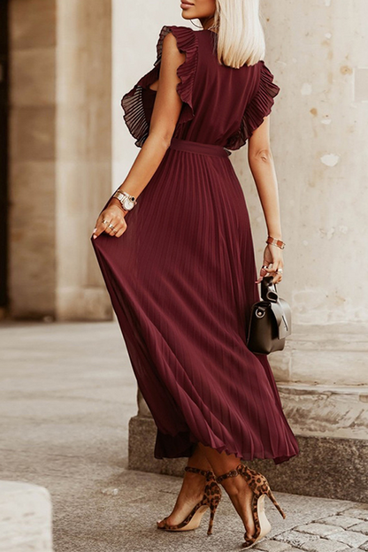 Elegante vestido plisado con escote en V y tirantes con volantes (6 colores)
