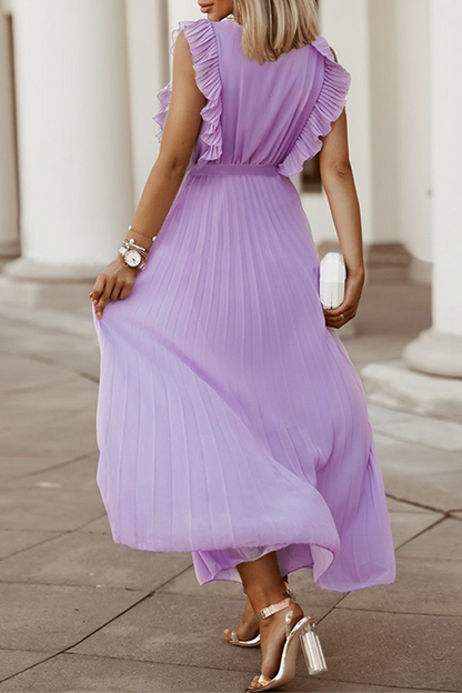 Elegante vestido plisado con escote en V y tirantes con volantes (6 colores)