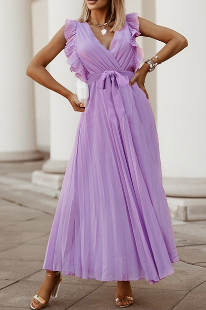 Elegante vestido plisado con escote en V y tirantes con volantes (6 colores)