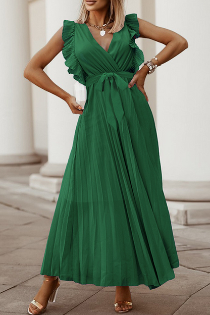 Elegante vestido plisado con escote en V y tirantes con volantes (6 colores)