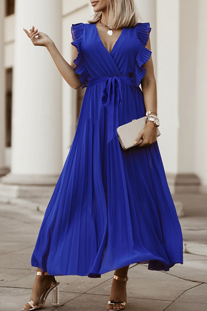 Elegante vestido plisado con escote en V y tirantes con volantes (6 colores)