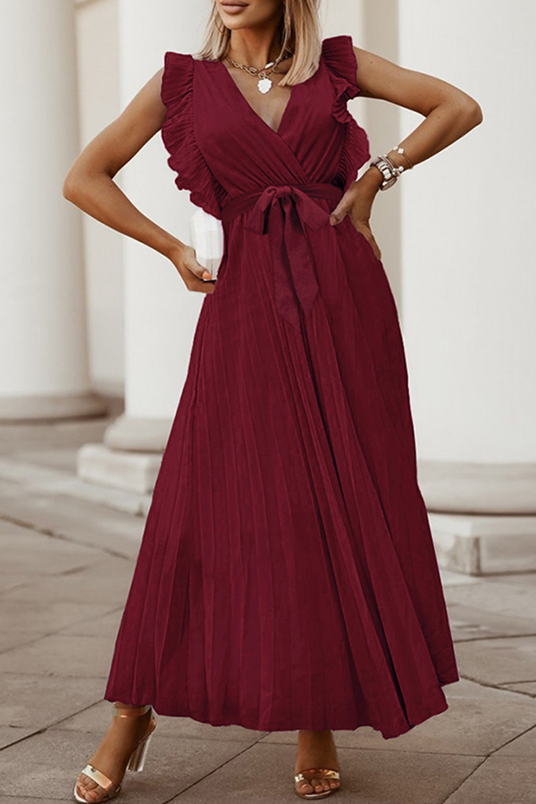 Elegante vestido plisado con escote en V y tirantes con volantes (6 colores)