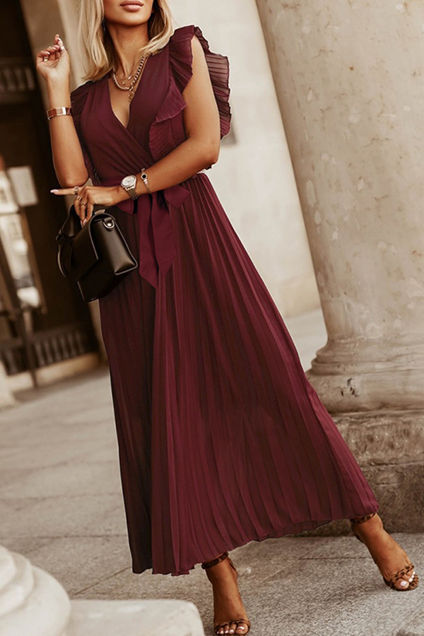 Elegante vestido plisado con escote en V y tirantes con volantes (6 colores)