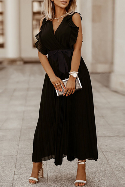Elegante vestido plisado con escote en V y tirantes con volantes (6 colores)