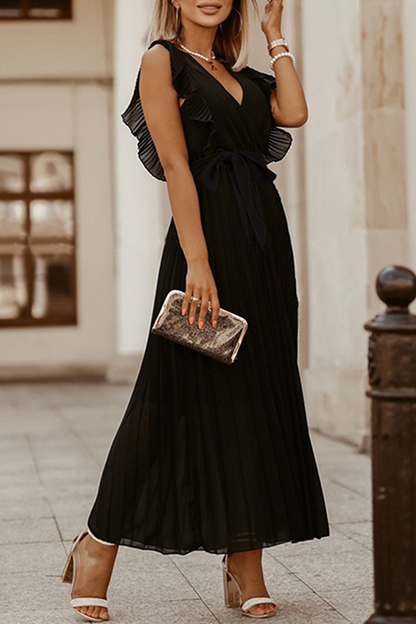 Elegante vestido plisado con escote en V y tirantes con volantes (6 colores)