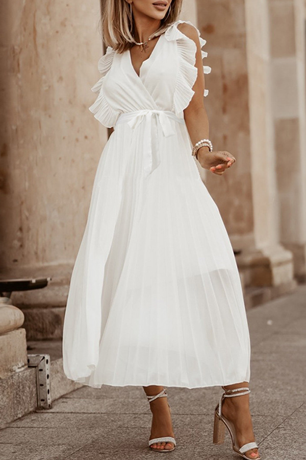 Elegante vestido plisado con escote en V y tirantes con volantes (6 colores)
