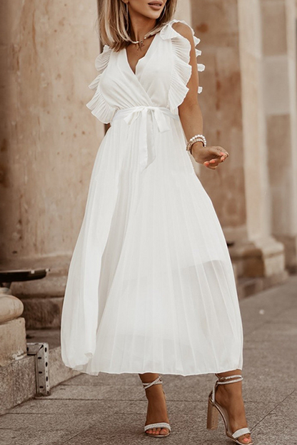 Elegante vestido plisado con escote en V y tirantes con volantes (6 colores)