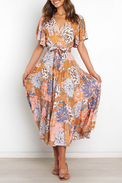 Elegante vestido de falda con escote en V y diseño de tirantes con volantes florales (4 colores)