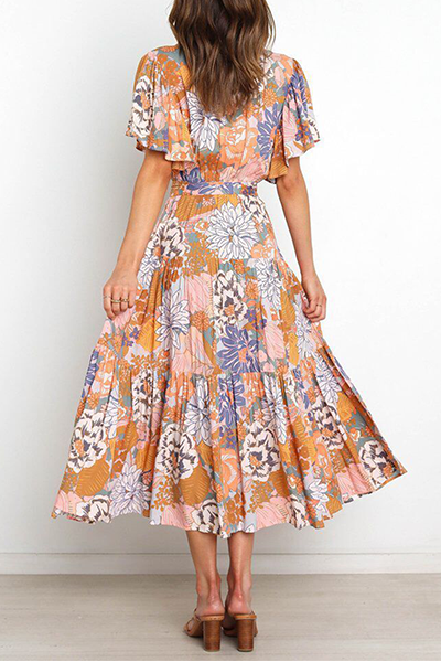 Elegante vestido de falda con escote en V y diseño de tirantes con volantes florales (4 colores)