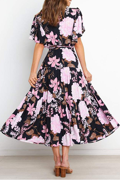 Elegante vestido de falda con escote en V y diseño de tirantes con volantes florales (4 colores)