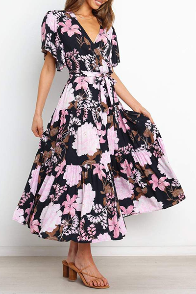 Elegante vestido de falda con escote en V y diseño de tirantes con volantes florales (4 colores)