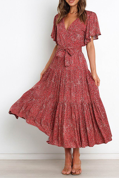 Elegante vestido de falda con escote en V y diseño de tirantes con volantes florales (4 colores)