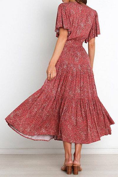 Elegante vestido de falda con escote en V y diseño de tirantes con volantes florales (4 colores)