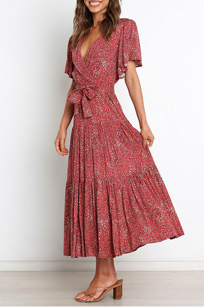 Elegante vestido de falda con escote en V y diseño de tirantes con volantes florales (4 colores)