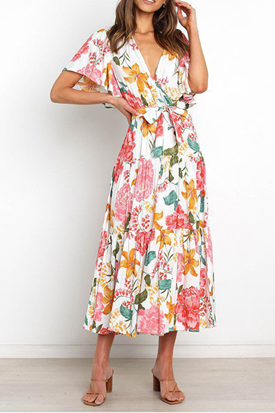 Elegante vestido de falda con escote en V y diseño de tirantes con volantes florales (4 colores)