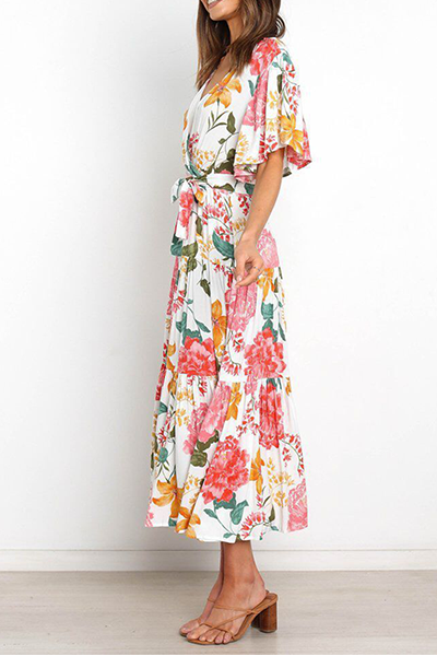 Elegante vestido de falda con escote en V y diseño de tirantes con volantes florales (4 colores)