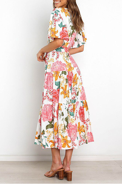 Elegante vestido de falda con escote en V y diseño de tirantes con volantes florales (4 colores)
