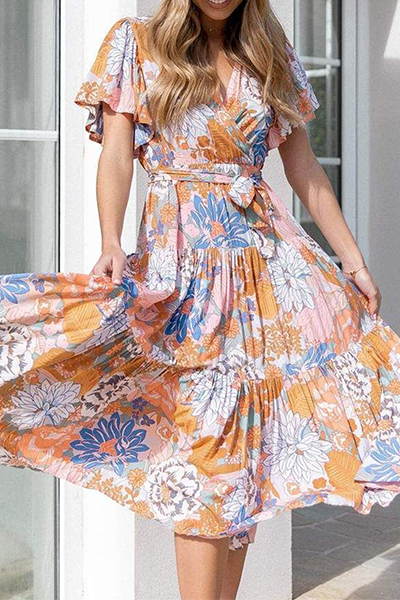 Elegante vestido de falda con escote en V y diseño de tirantes con volantes florales (4 colores)
