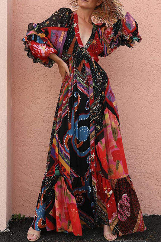 Vestidos bohemios con cuello en V, volantes y hebillas de patchwork