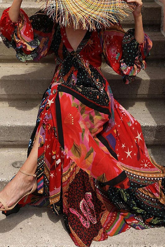 Vestidos bohemios con cuello en V, volantes y hebillas de patchwork