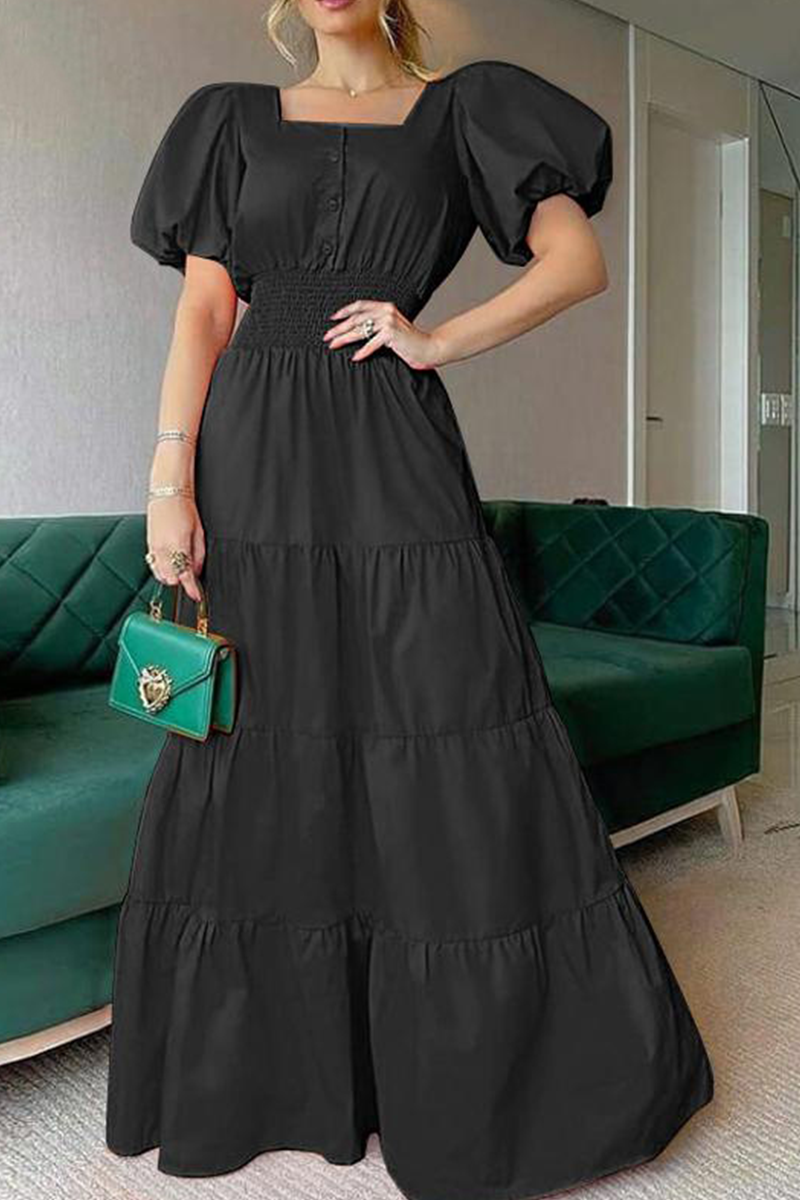 Vestidos casuales de patchwork liso con cuello cuadrado y falda pastel (3 colores)