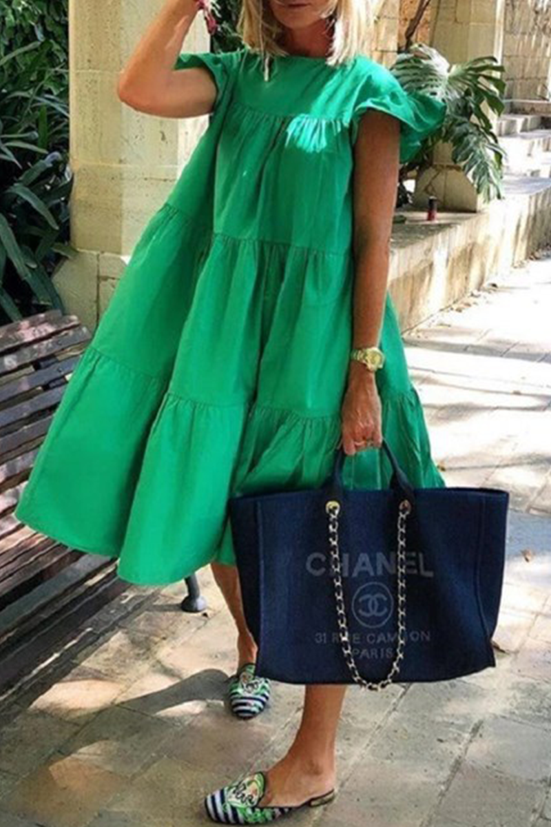 Vestidos casuales de falda pastel con cuello redondo y volantes lisos (6 colores)