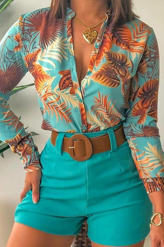 Conjunto de dos piezas con estampado informal de patchwork, hebilla, cuello vuelto, manga larga (9 colores)