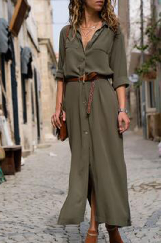 Vestido camisero informal de cuello vuelto con parches lisos (6 colores)