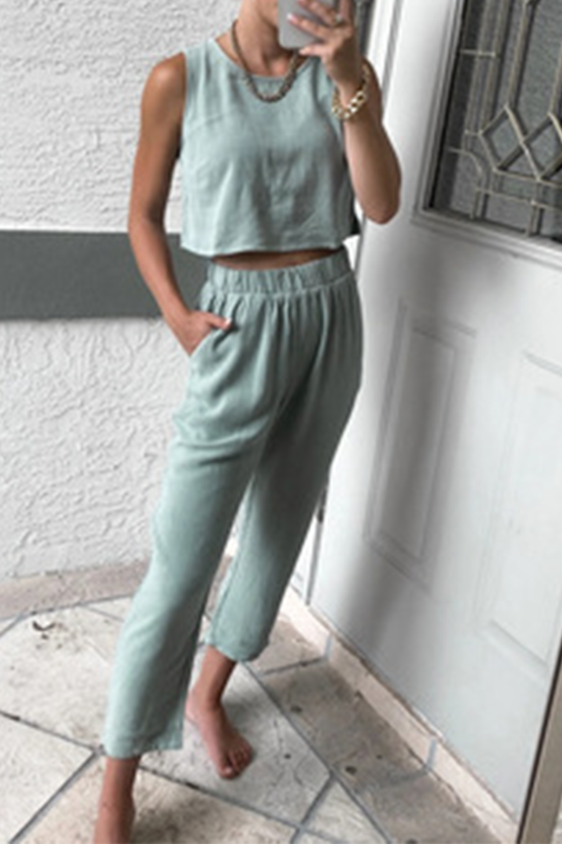 Conjunto informal de dos piezas sin mangas con cuello redondo y parches lisos (4 colores)