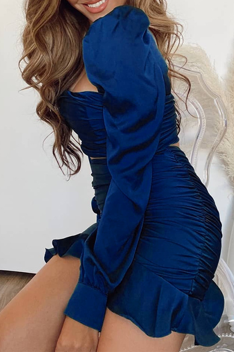 Conjunto de dos piezas sexy de manga larga con cuello cuadrado y volantes lisos